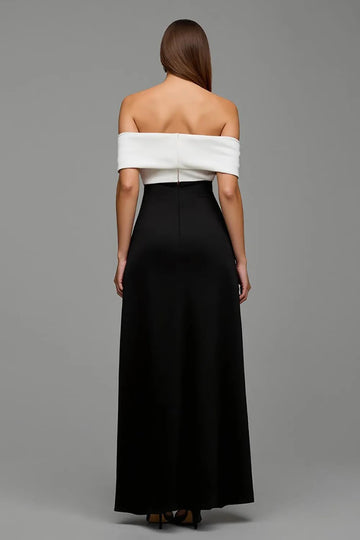 Black and White Off-Shoulder Sheath Formal Dress With Bow